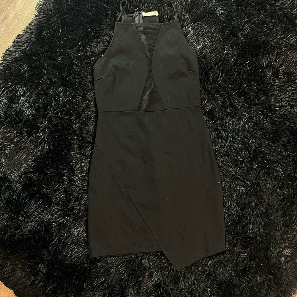 Soprano Black Sleeveless Asymmetrical Dress With Mesh Detail